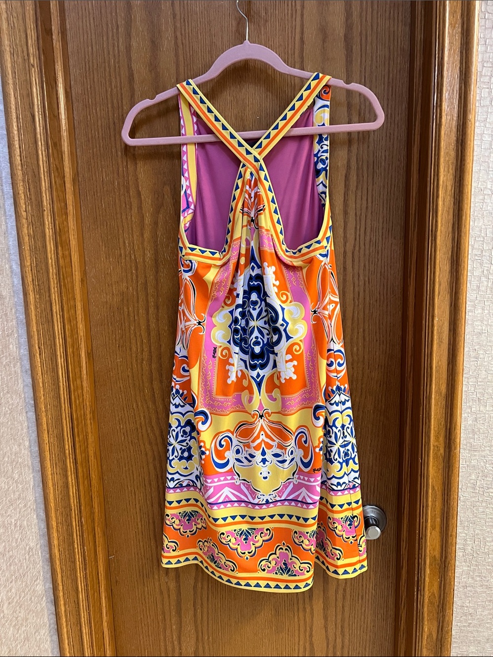 Hale Bob Orange Pink Yellow Patterned front crossover Dress. Small. EUC. - Picture 2 of 7